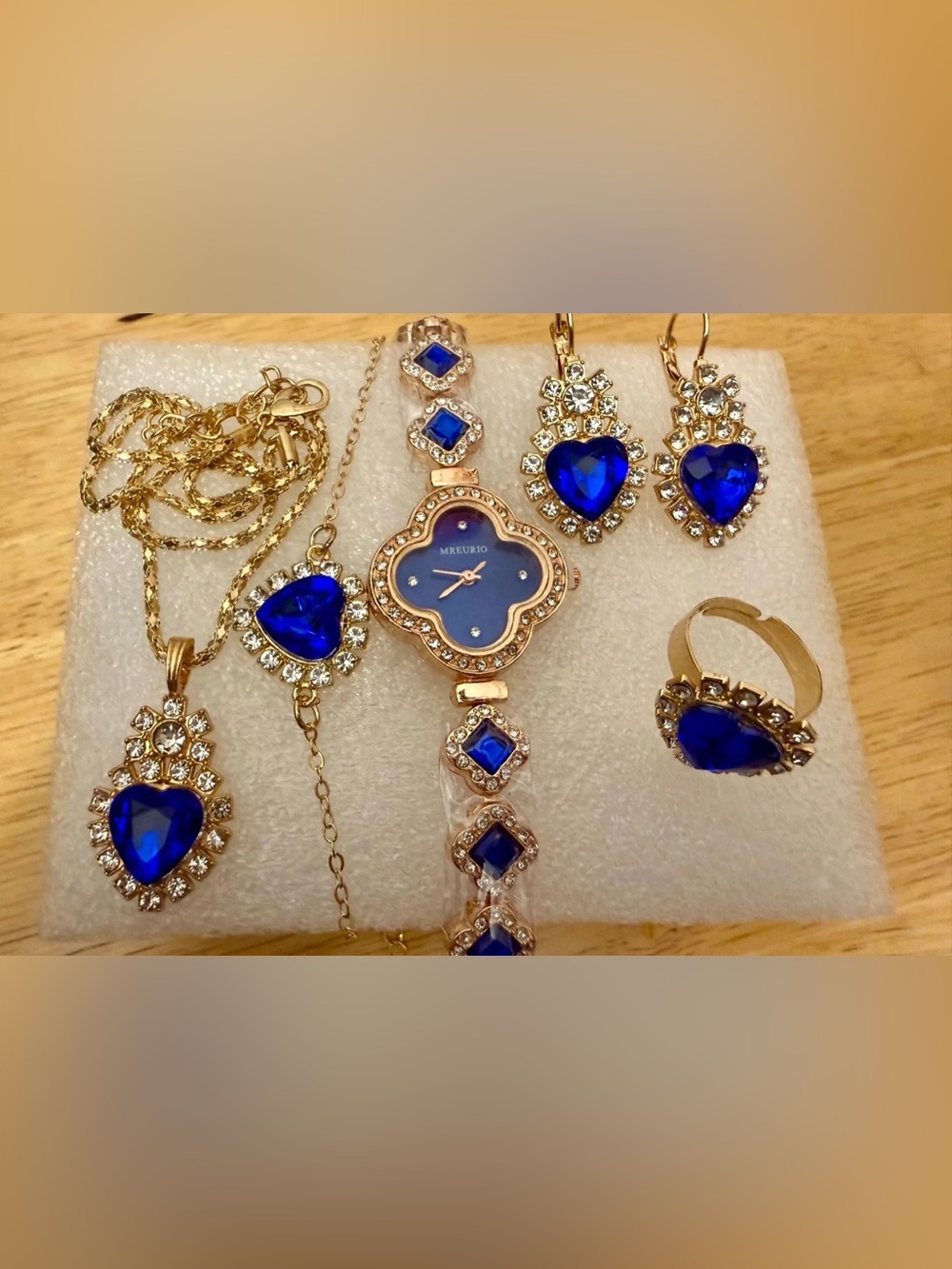 MREURIO Women's Gold-Tone Quartz Watch & Royal Blue Rhinestone Jewelry Setting